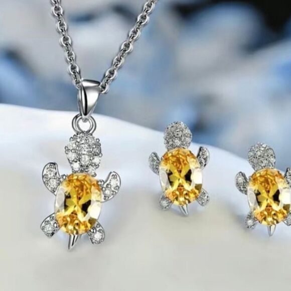 Silver Yellow Crystal Diamond Turtle Necklace and Earring Set - Picture 1 of 1